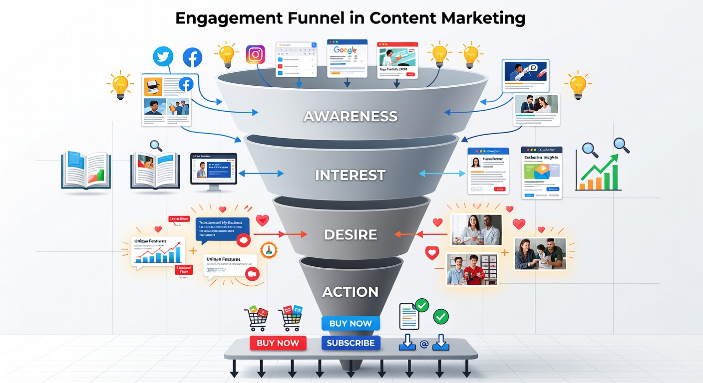 Content engagement funnel diagrams showing stages of attention and sharing